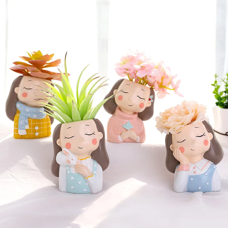 Succulent Planter Portrait Flowerpot Cute Girl Boy Animal Shaped Flower Pot Ornament Home Garden Office Desktop Decoration Gifts