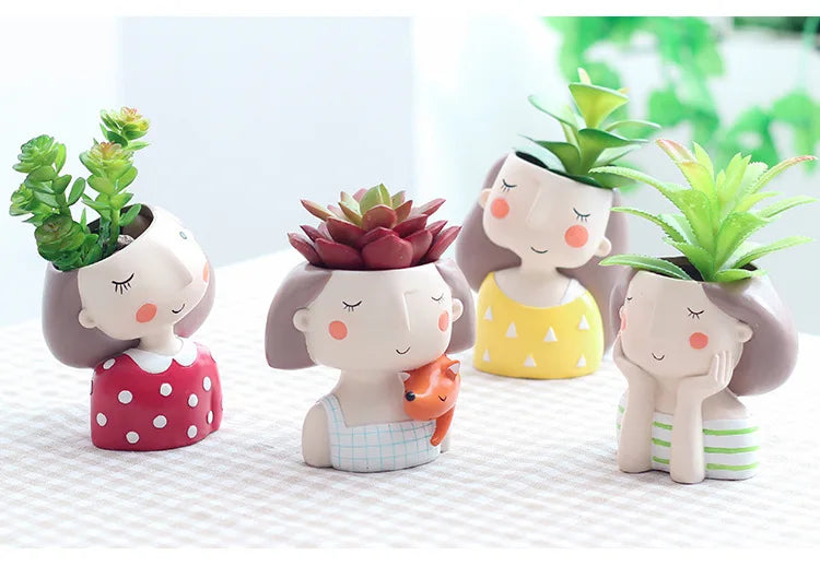 Succulent Planter Portrait Flowerpot Cute Girl Boy Animal Shaped Flower Pot Ornament Home Garden Office Desktop Decoration Gifts