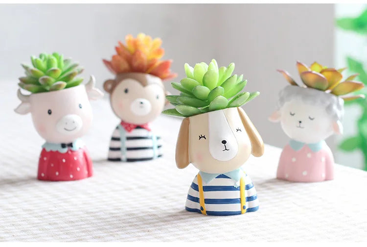 Succulent Planter Portrait Flowerpot Cute Girl Boy Animal Shaped Flower Pot Ornament Home Garden Office Desktop Decoration Gifts