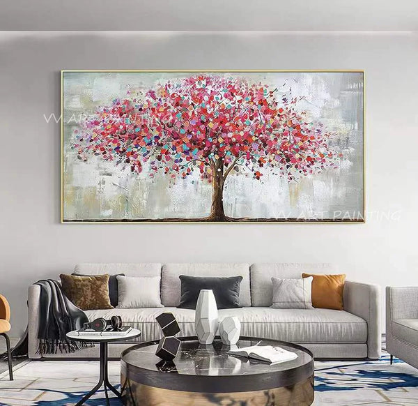 100% Handmade Modern Abstract thick knife colorful red tree Oil Painting Modern Picture for Living Room Aisle home Wall Artwork