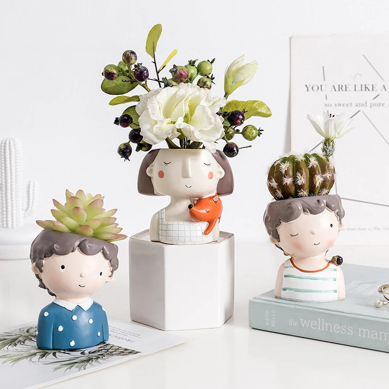 Succulent Planter Portrait Flowerpot Cute Girl Boy Animal Shaped Flower Pot Ornament Home Garden Office Desktop Decoration Gifts