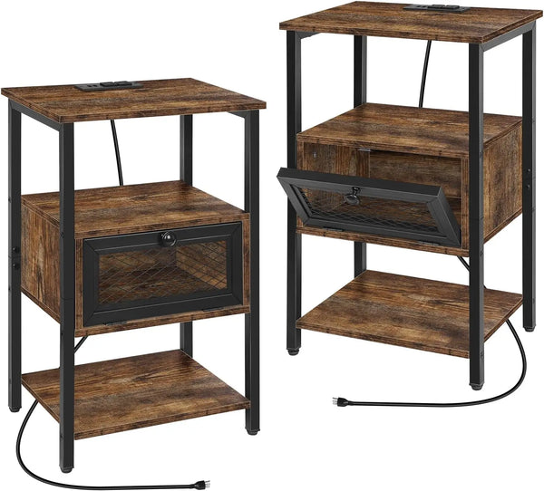 Side Tables with Charging Station and Drawer Set of 2 Night Stands with USB Ports 3 Tier Narrow Bedside Table