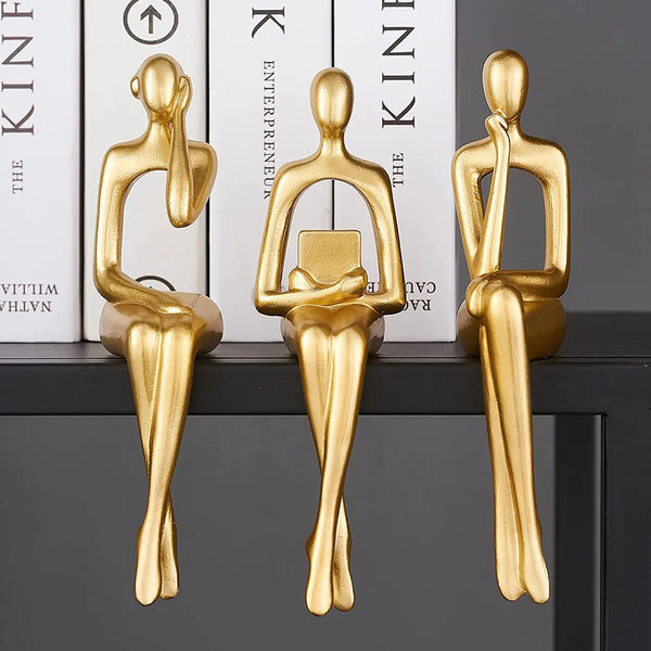 3pcs Abstract Figures Resin Statue Gold Thinker Sculpture Ornament Art Sitting Posture Character Statues Home Shelf Decorations