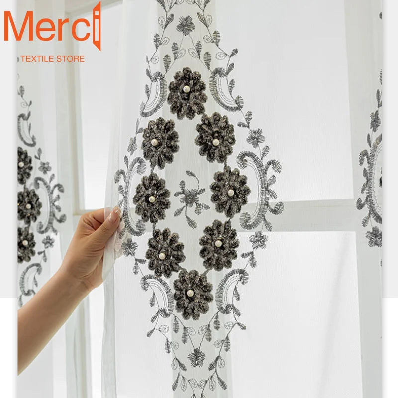 European High-end Beaded  Window Screen White Gauze Black Embroidery Curtains for Living Dining Room Bedroom Tulle Custom