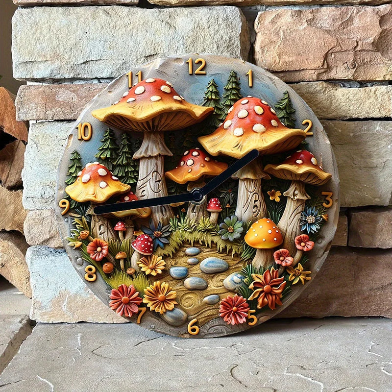 Silent Aluminum Wall Clock With Mushroom Forest Design - Perfect For Living Room Decor, Mother'S Day & Summer Vacation