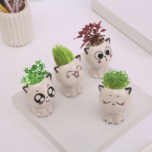 Ceramic Flowerpot Mini Cat Shaped Cartoon Cute Potted Plant Desktop Potted Expression Cat Plant Pot Desk Decorate Small Ornament