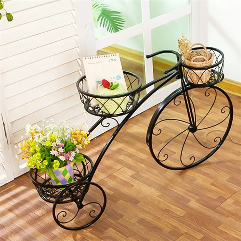 3-Tier Bicycle Plant Stand Wrought Iron Tricycle Planter Home Garden Patio Decor Flower Pots Shelf Indoor Outdoor