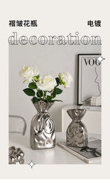 Light luxury silver pleated vase ceramic living room porch wine cabinet dried flower arrangement decoration ornaments