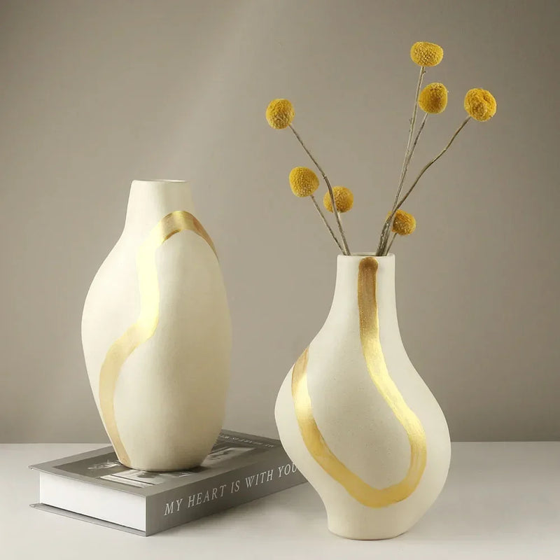 Ivory White Gold Hand Painted Ceramic Flower Vases Home Decoration Nordic Decor Pieces