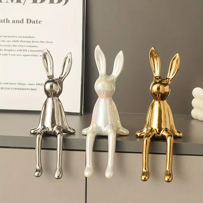 1PCS Ceramic Long-Eared Sitting Rabbit Room Ornaments Statue Luxury Home Decoration Accessories High-End Home Art Aesthetics