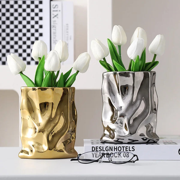 Nordic Ceramic Irregular Vase Electroplating Vase Living Room Office Decoration Simple Modern Flower Arrangement Home Decoration