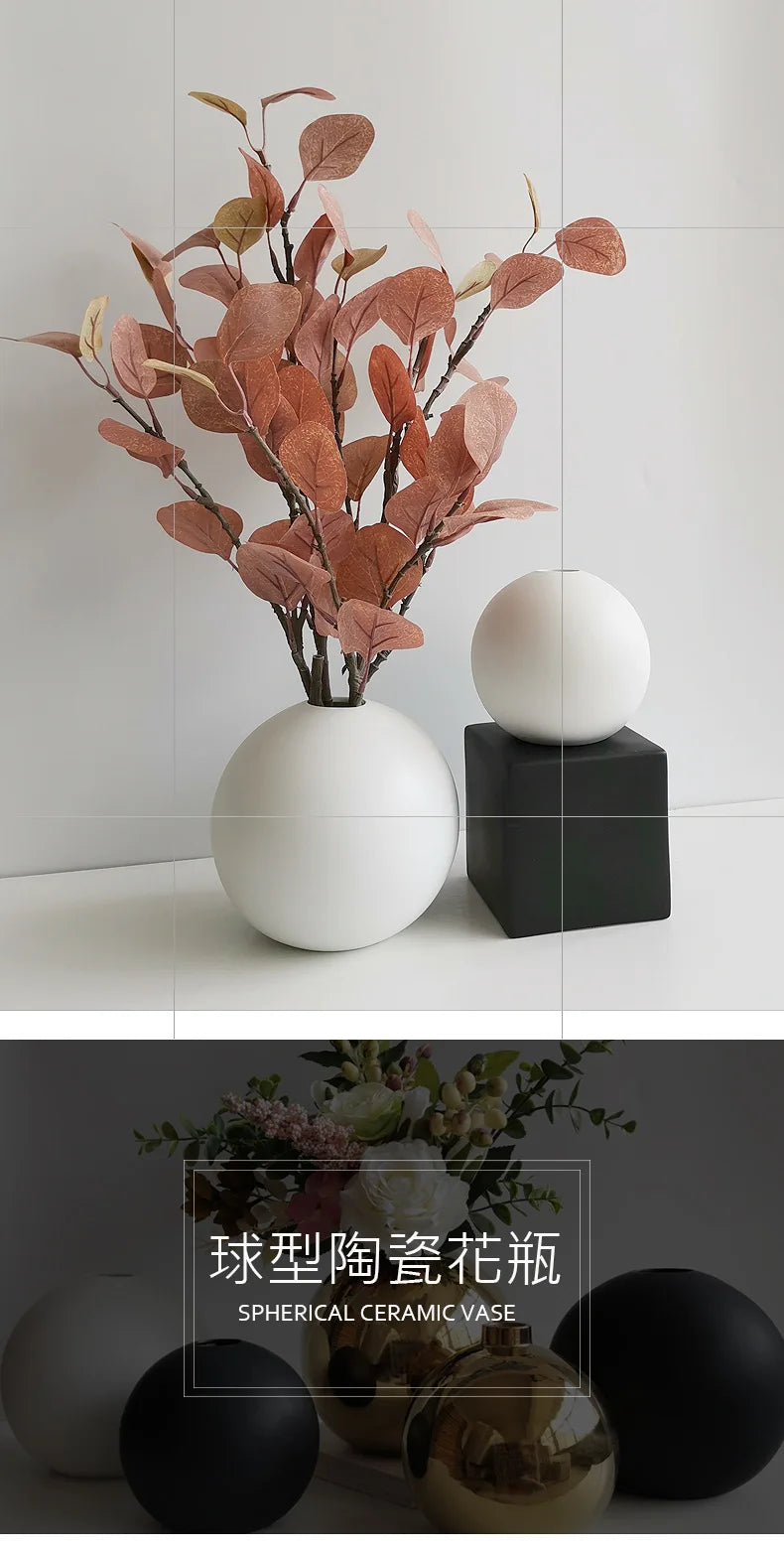 Luxury Minimalist Electroplated Silver Small Round Ball Ceramic Vase Home Decor Living Room Flower Vase Room Decor Aesthetics