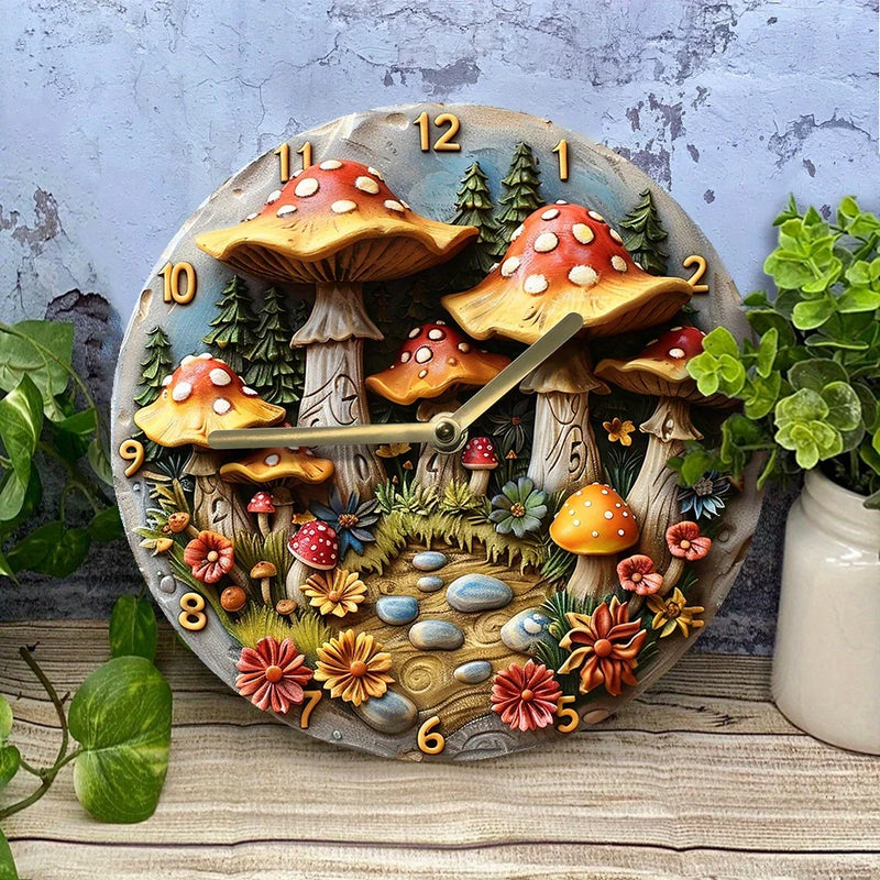 Silent Aluminum Wall Clock With Mushroom Forest Design - Perfect For Living Room Decor, Mother'S Day & Summer Vacation