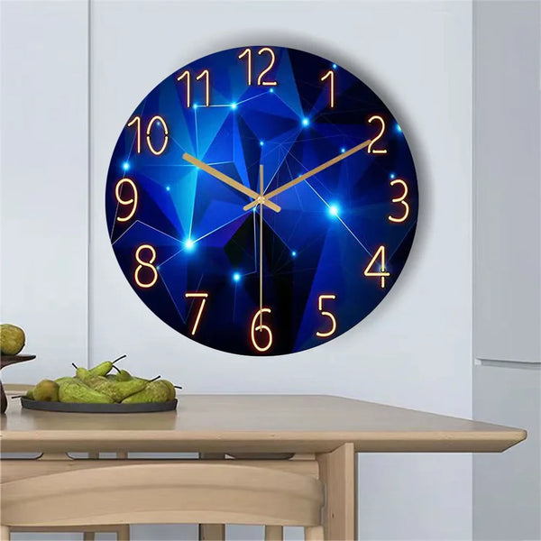 1pc 12inch Wall Clock Geometric Elements Dark Blue Thickened Tempered Glass Silent Movement Quartz Living Room Home Decor Gift