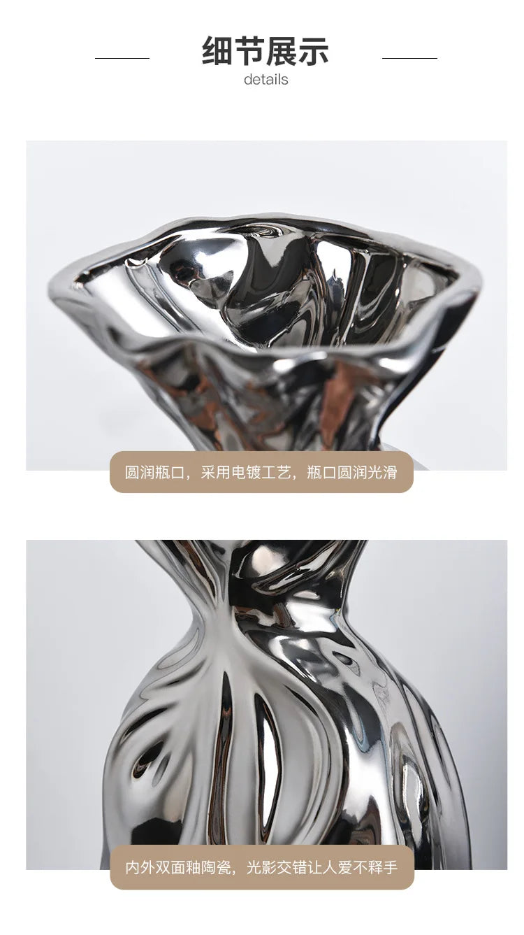 Light luxury silver pleated vase ceramic living room porch wine cabinet dried flower arrangement decoration ornaments