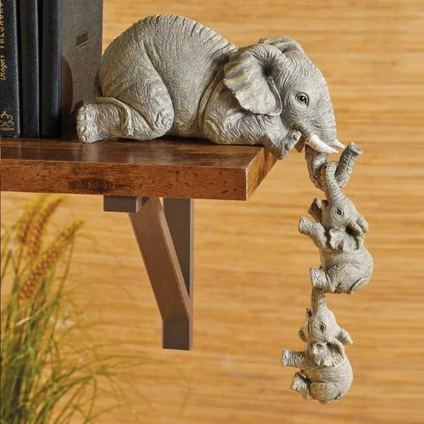 Elephant Hand Painted Figurines Set of 3, Mother and Two Babies Hanging Off The Edge of A Shelf or Table Three Elephant Statue