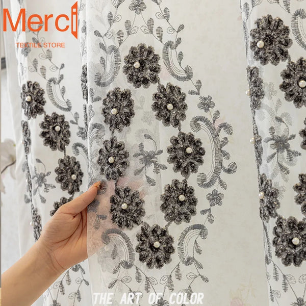 European High-end Beaded  Window Screen White Gauze Black Embroidery Curtains for Living Dining Room Bedroom Tulle Custom