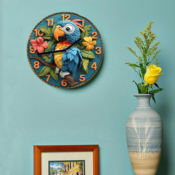 Parrot Wall Clock with 3D Tropical Design - Clock with DIY Assembly Kit, High-Definition 2D Print, Decorative Timepiece for Home