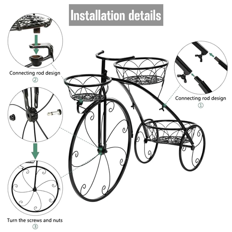 3-Tier Bicycle Plant Stand Wrought Iron Tricycle Planter Home Garden Patio Decor Flower Pots Shelf Indoor Outdoor