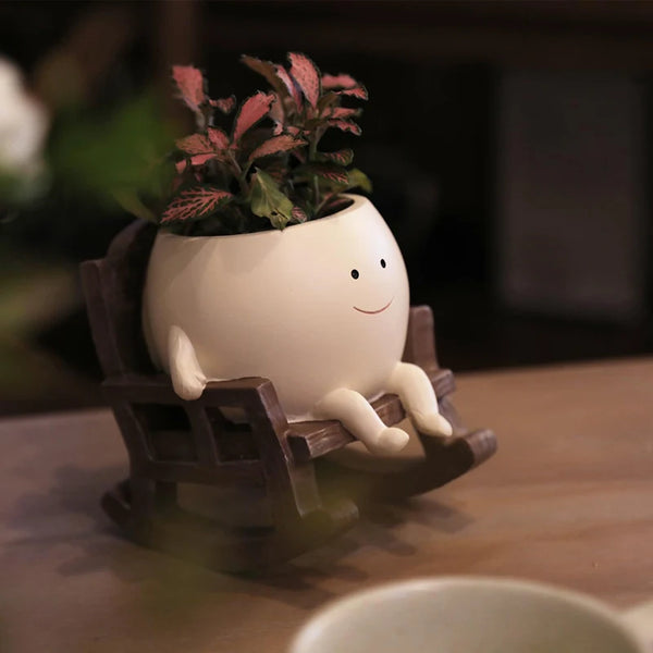 Smily Face Planter Pot Cute Resin Flower Head Planters For Indoor Outdoor Plants Unique Sitting Rocking Chairs Succulent Pots