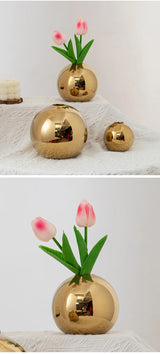 Luxury Minimalist Electroplated Silver Small Round Ball Ceramic Vase Home Decor Living Room Flower Vase Room Decor Aesthetics