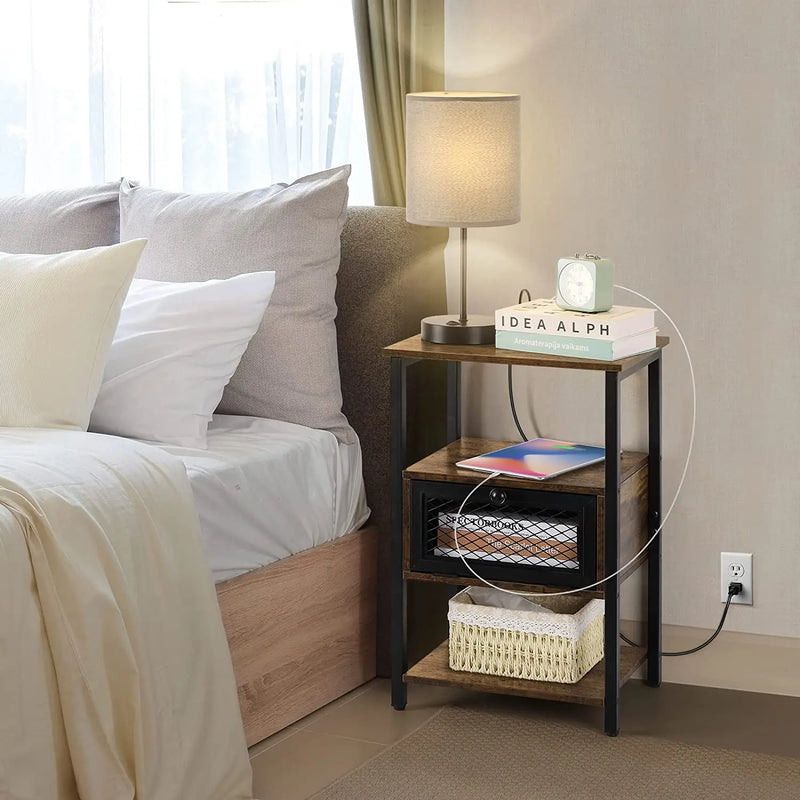 Side Tables with Charging Station and Drawer Set of 2 Night Stands with USB Ports 3 Tier Narrow Bedside Table