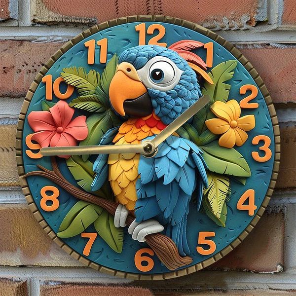 Parrot Wall Clock with 3D Tropical Design - Clock with DIY Assembly Kit, High-Definition 2D Print, Decorative Timepiece for Home