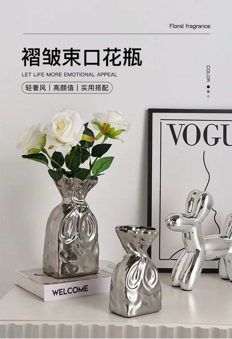 Light luxury silver pleated vase ceramic living room porch wine cabinet dried flower arrangement decoration ornaments