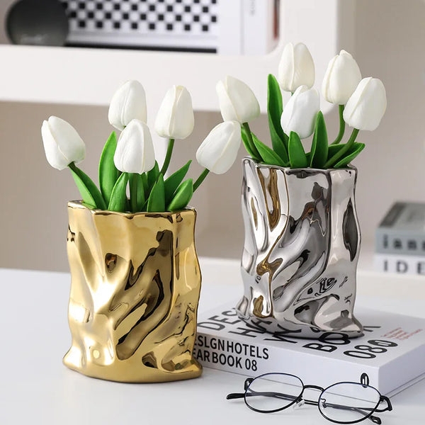 Nordic Ceramic Irregular Vase Electroplating Vase Living Room Office Decoration Simple Modern Flower Arrangement Home Decoration