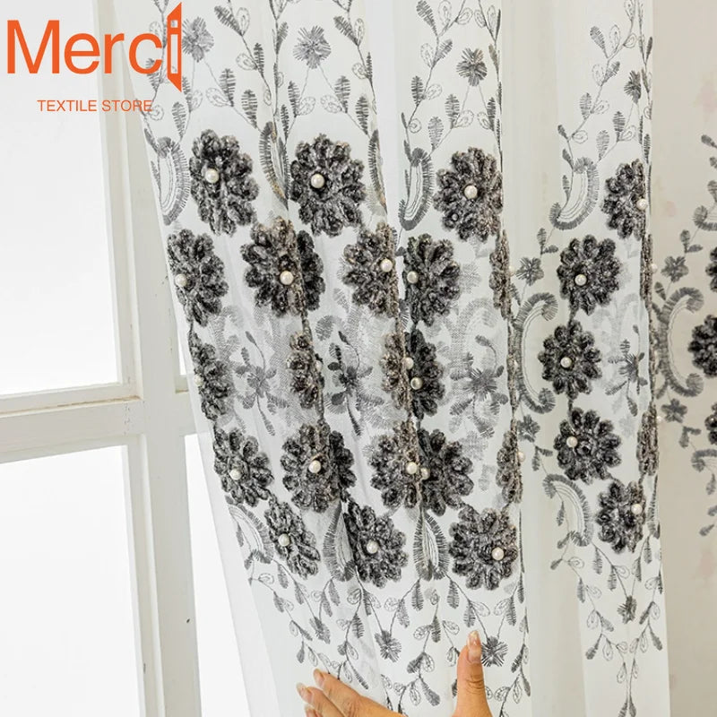 European High-end Beaded  Window Screen White Gauze Black Embroidery Curtains for Living Dining Room Bedroom Tulle Custom