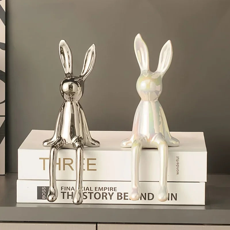 1PCS Ceramic Long-Eared Sitting Rabbit Room Ornaments Statue Luxury Home Decoration Accessories High-End Home Art Aesthetics