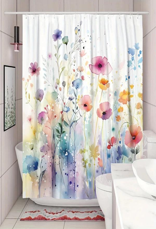 Colorful Floral Print Shower Curtain, Waterproof Bathroom Shower Curtain with Hooks, Suitable for Decorating Spring Bathroom