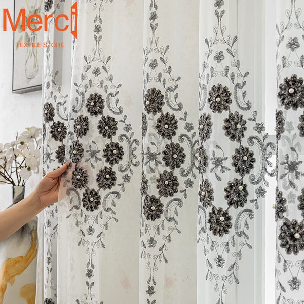 European High-end Beaded  Window Screen White Gauze Black Embroidery Curtains for Living Dining Room Bedroom Tulle Custom