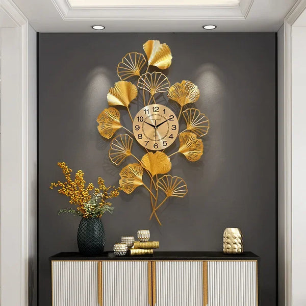 American style clock hanging decoration wall clock creative Ginkgo leaf atmosphere fashion European light luxury clocks